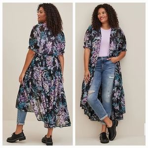 NWT Torrid Ruffle Kimono - Chiffon Clip Dot Floral Black Size 00/10/L